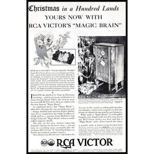 1934 RCA Victor Magic Brain 242 Console Radio Vintage Print Ad Christmas Tree